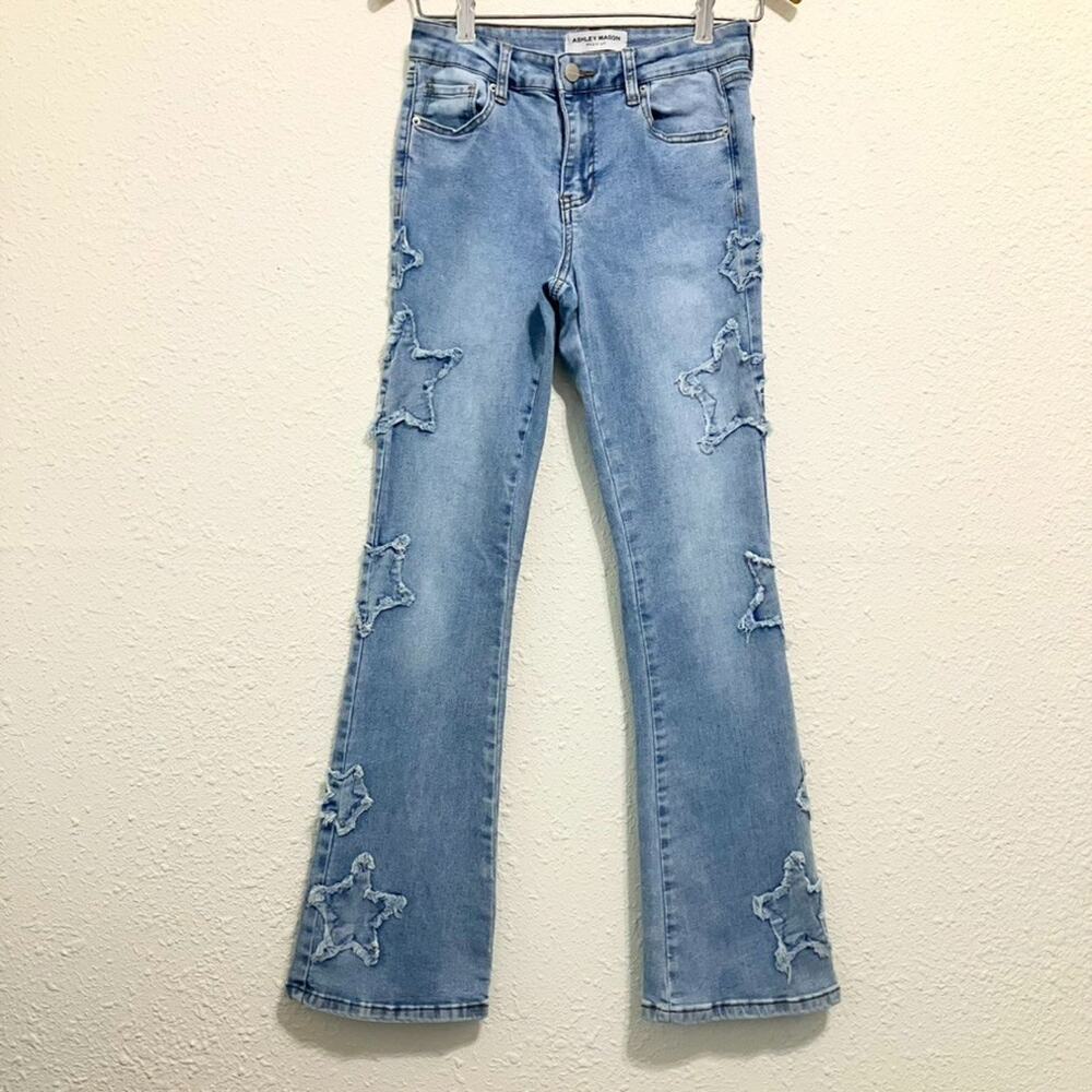 Ashley Mason Jeans Frayed Star Patch Bootcut Light Wash Sz 0/24 29"Inseam Y2K